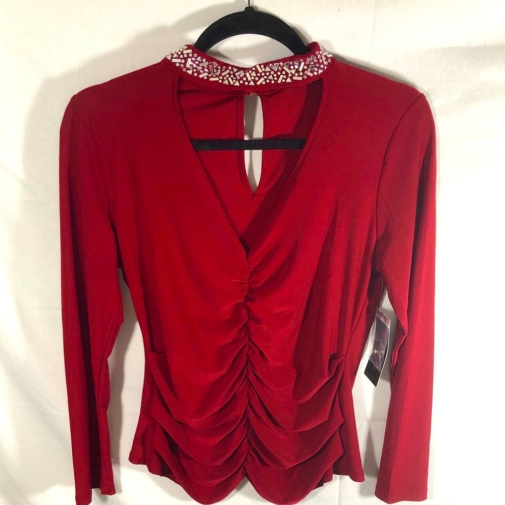Elegant Burgundy Women's Top with Embellished Collar